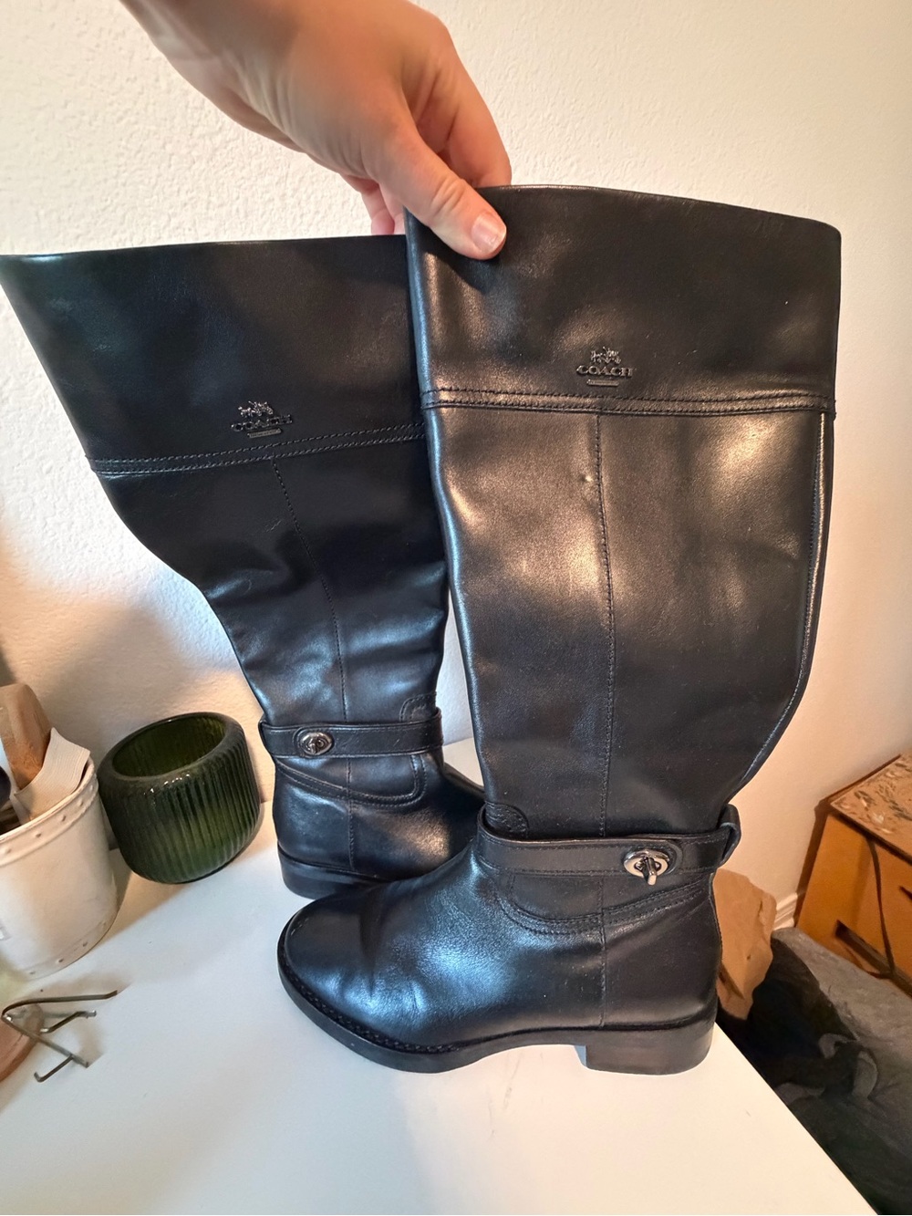 Coach Tall Black Leather Riding Boots with Buckle Detail